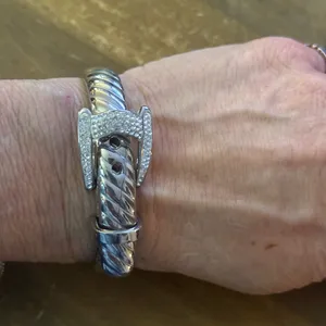 Stainless steel pave rhinestone belt and buckle bangle bracelet thumbnail 2