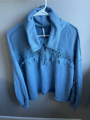 Free People Sky Blue Lace-Trim Quarter Zip Top Size S thumbnail 1