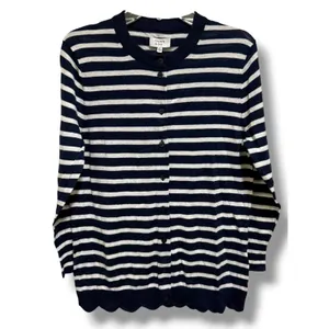 Crown & Ivy XS Navy Cream Stripe Cotton Scallop Hem Button Cardigan NWT thumbnail 2