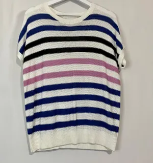 Women’s Cap Sleeve Knit Stripe Sweater Blue Purple & Cream Size XL NWOT FLAW thumbnail 1