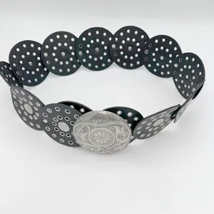 Womens Statement Belt Black Round‎ Circle Studded Belt Ornate Silver Buckle Y2K thumbnail 2