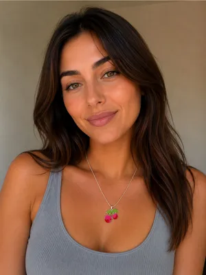 Cherry Pendant Necklace in Pink, Red and Green Pink thumbnail 3