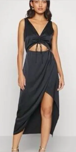 Abercrombie &‎ Fitch Black Satin Cinch-Front Cutout Midi Dress Size XS thumbnail 1