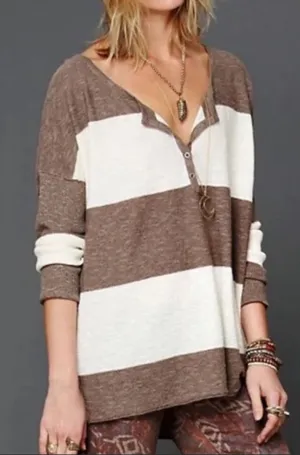 FP Beach Striped‎ Knit Gold Rush Linen Blend Henley Top medium boho oversized thumbnail 1