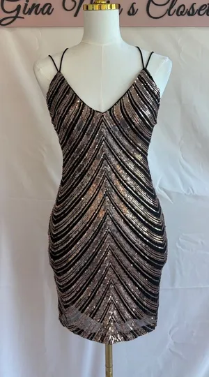 Lovely Day Women's Black and Rose Sequin Mini Dress with Strappy Open Back, Size thumbnail 1