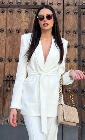 ZARA Tuxedo Blazer With Waist Tie Suit Jacket White thumbnail 11