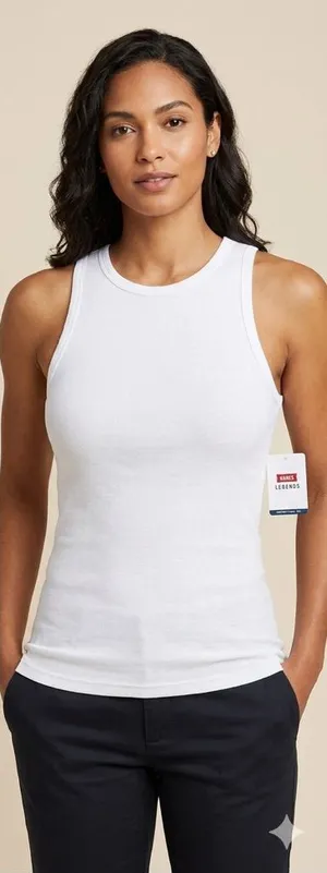 Hanes Women's White Ribbed Crewneck Tank Top with built in‎ padding thumbnail 1