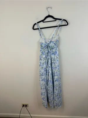 Hollister Blue & White Floral Midi Dress Slit Criss Cross Strappy Back Size XS thumbnail 6