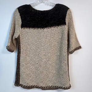 Coldwater Creek Mixed Media Cable Knit Cardigan Short Sleeve Tan Black Small thumbnail 2