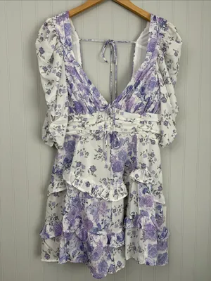 New For Love & Lemons Rosalyn Mini Dress White Lilac Floral Women Size Large thumbnail 4