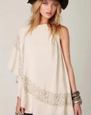 Free People Brighten Your Day Mini Dress Beige Sheer Batwing‎ Sleeve M Beaded thumbnail 1