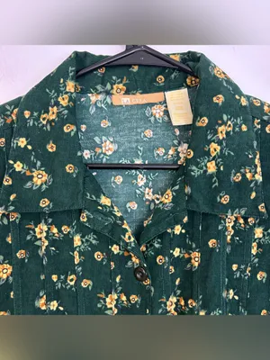 Vintage La Cera Green Floral Corduroy Button Down Cottagecore Midi Dress Large thumbnail 3