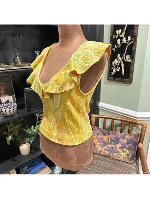 Zara Paisley Ruffle Blouse – Yellow & Green, Size Medium thumbnail 8