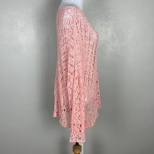 Coco Carmen Crochet Sweater OS Pink Open Knit Pullover Oversized‎ Beachy Relaxed thumbnail 6