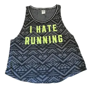 Victorias Secret Pink I Hate Running Graphic Tank Black Grey Aztec Green L #1231 thumbnail 1