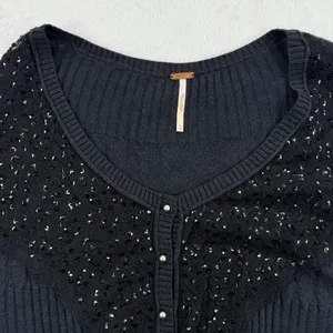 NWOT Free People‎ Womens L Sequined Cardigan Sweater Black Button Front Knit Top thumbnail 4