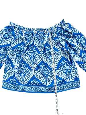Flying Tomato Off Shoulder Artisan Boho Blouse Top Blue and White Medium thumbnail 9