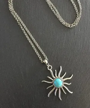 Boho Sunflower Pendant Silver Chain Necklace Cracked Coastal Turquoise Pattern thumbnail 1