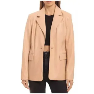 AVEC LES FILLES Tan Vegan Faux Leather Jacket Blazer Single Button Solid X-Large thumbnail 4