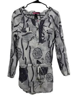 Custo Barcelona Tunic Womens Size 2 Gray Floral Bird Print Drawstring Waist Top thumbnail 1