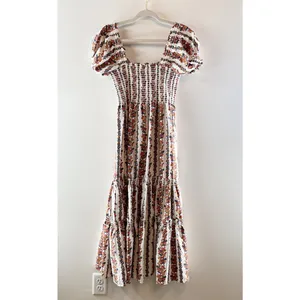 o.p.t Floral Daphne Puff Sleeve Smocked Tiered Midi Sundress White Pink Large thumbnail 3