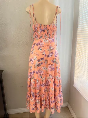 Lulus women’s Started With a Kiss Orange Floral Print Tie-Strap Tiered Dress L thumbnail 16