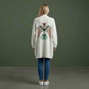 Blakeley Womens Cream Popcorn Knit Thunderbird Graphic Longline Cardigan‎ PS thumbnail 3