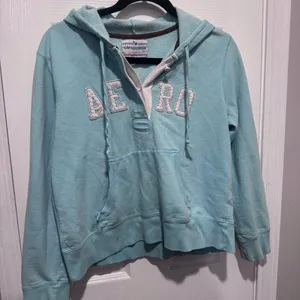 Aeropostale Women's Light Blue V-Neck "AERO" Appliqué Pullover Hoodie Sweatshirt thumbnail 1