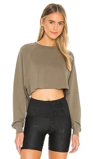 ALO Double Take Pullover long sleeve tee cropped top Olive Branch raw crew thumbnail 1