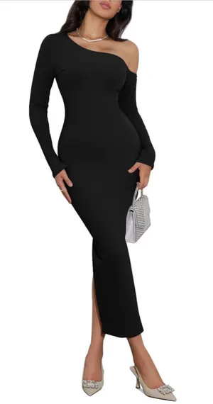 NEW 1 Shoulder Long Sleeve Ribbed Dress Back Slit Bodycon S thumbnail 1
