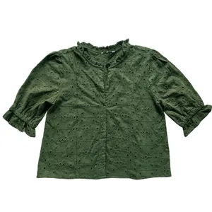 Unbranded 56R Olive‎ Green Eyelet Lace Ruffle Neck Puff Sleeve Cotton Blouse L thumbnail 2