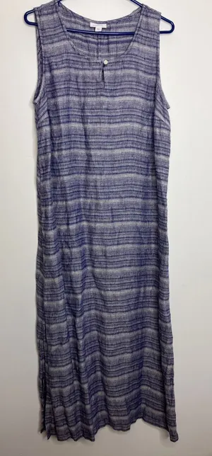 Pure Jill J. Jill Maxi Dress Womens Medium Blue Linen Striped Sleeveless Pockets thumbnail 1