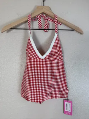Edikted Charmaine Open Back Gingham Halter Top Red White Small NEW $31 thumbnail 6