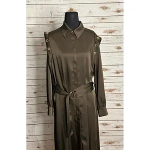 Zara olive green satin grommet detail belted Ring Trim maxi shirtdress Size M thumbnail 3