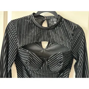 Lulus Black Cat Woman Cutout Padded Velour Striped Going Out Bodysuit Women's Sz thumbnail 7