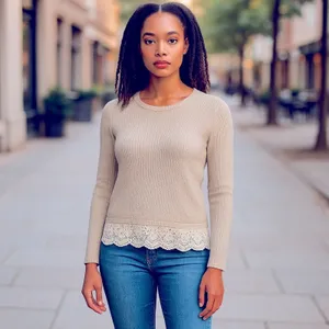 Hollister Oatmeal Lace Trim Sweater XS Lightweight Crewneck thumbnail 9