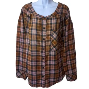 Free People‎ Cozy Dream Flannel Buttondown Oversized Raw Hem Feminine Outdoors L thumbnail 2