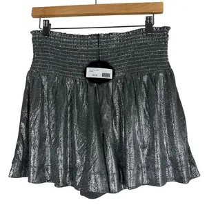 NWT TCEC Womens Chrome Metallic Shorts Silver Futuristic‎ High Rise Smocked Rave thumbnail 2