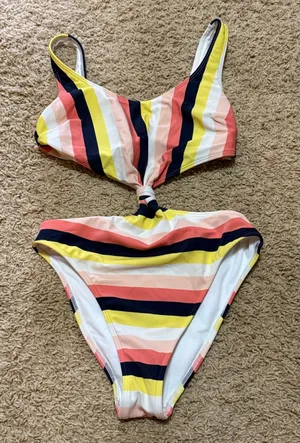 Abercrombie Striped One-Piece Swim Suit with Knot Front - Yellow, Pink, Navy thumbnail 1