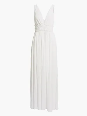 White V-Neck Smocked Waist Flowing Sophisticated Sleeveless Maxi Dress thumbnail 2