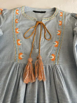 ZARA Woman Boho Embroidered Gingham Blouse - light Blue & White thumbnail 7