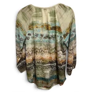 Chico's Abstract Print Crochet Lace‎ Tie Neck Top Green Blue Boho Size 1 M 8 thumbnail 3