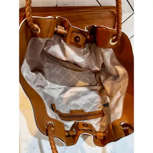 Michael Kors Montauk canvas shoulder bag cream fabric brown leather handles Y2K thumbnail 9