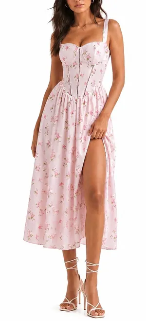 Amazon Floral Pink Corset Midi Dress with Side Slit thumbnail 1