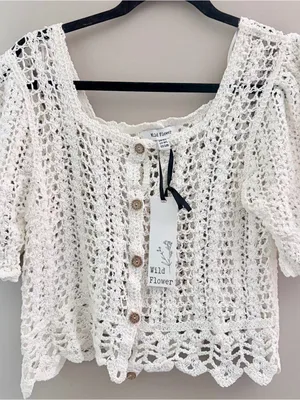 Wild Flower Cream Crochet Short Sleeve Button Front Top Cardigan S/M NWT Boho thumbnail 2