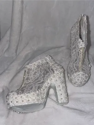 White Lace Floral Pearl Accent Women's Heeled Booties thumbnail 3