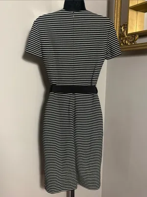 Hugo Boss Size 4 Hedra Black and White Striped V Neck Midi Dress with Belt thumbnail 3