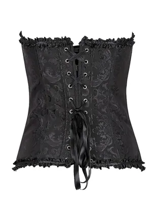 Black Jacquard Overbust Corset Bustier with Ribbon Tie thumbnail 2