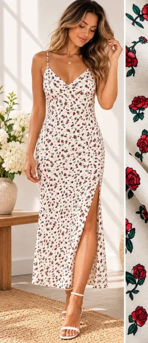 A New Day Midi Slip Dress Women L Cream Red Rose Floral Coquette Romantic thumbnail 1
