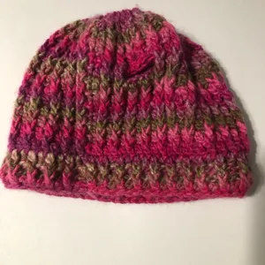 Handmade crochet knit winter hat with pony hole pink and brown tones fits‎ women thumbnail 2